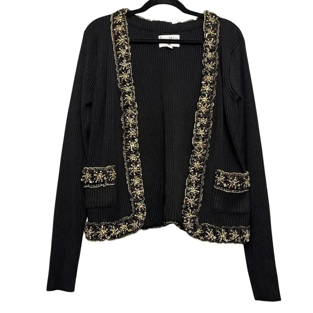 Vintage 90s Crystal Embellished Cardigan Sweater Black Size L Cottage Granny